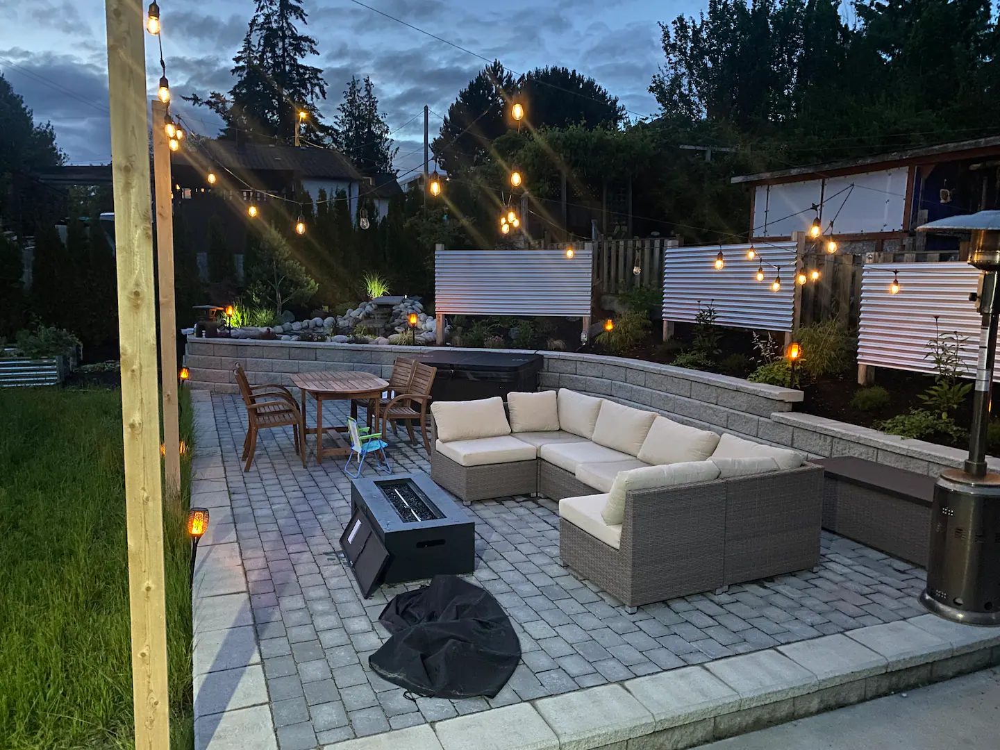 String lights over the patio at dusk